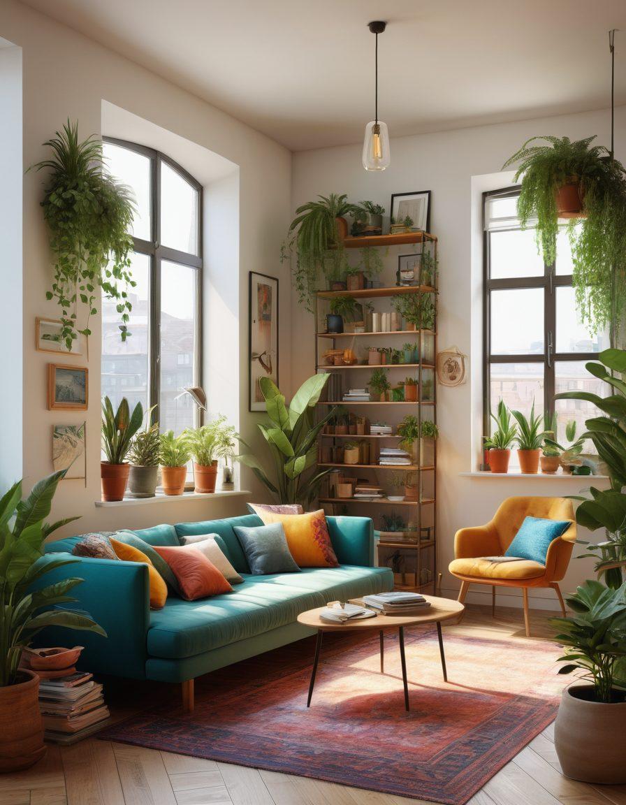 A stylishly decorated apartment interior featuring modern furniture, lush houseplants, and creative wall art. Include a cozy reading nook with a warm, inviting atmosphere and practical storage solutions. Sunlight gently streams through large windows, illuminating the space full of personality and color. super-realistic. vibrant colors. cozy atmosphere.