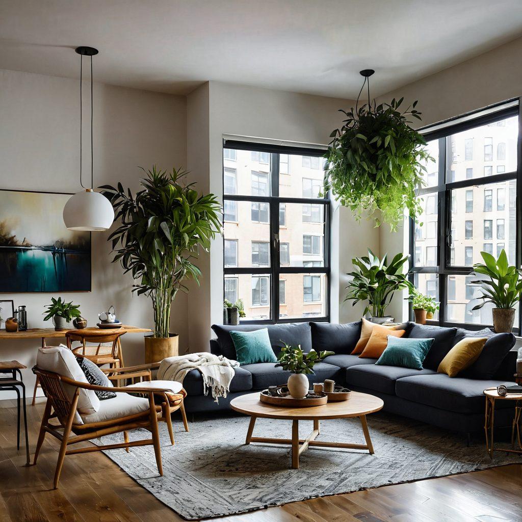 A modern urban apartment interior showcasing sustainable furnishings and chic decor. Include lush indoor plants, innovative lighting fixtures, and eco-friendly materials like bamboo and recycled textiles. The space should feel open and inviting, with large windows letting in natural light. Incorporate stylish yet functional furniture, blending comfort with sustainability. vibrant colors. super-realistic.
