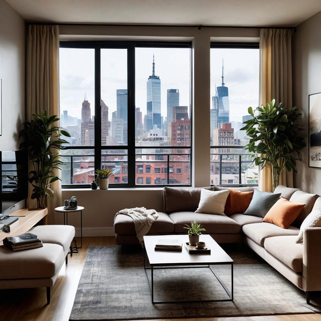 A cozy apartment interior featuring a stylish living room with modern furnishings, plush cushions, and warm lighting. Include a large window with a view of an urban skyline, potted plants, and tasteful artwork on the walls. The color palette should be a blend of soft neutrals with vibrant accents, showcasing comfort and style. Focus on a harmonious and inviting atmosphere that reflects apartment living. super-realistic. vibrant colors. warm tones.